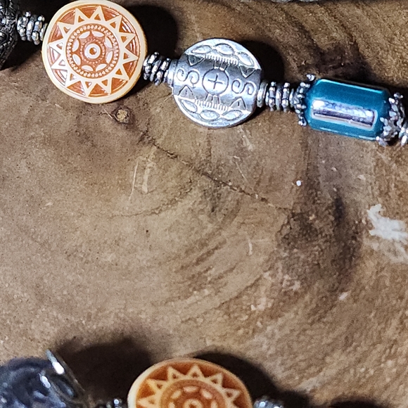 Vintage Silver, Blue, Orange, & Green Necklace With Ceramic, Glass & Metal Beads - Picture 8 of 13